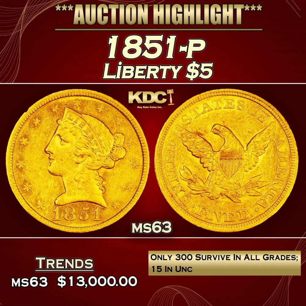 1851-p Gold Liberty Half Eagle $5 ms63 USCG