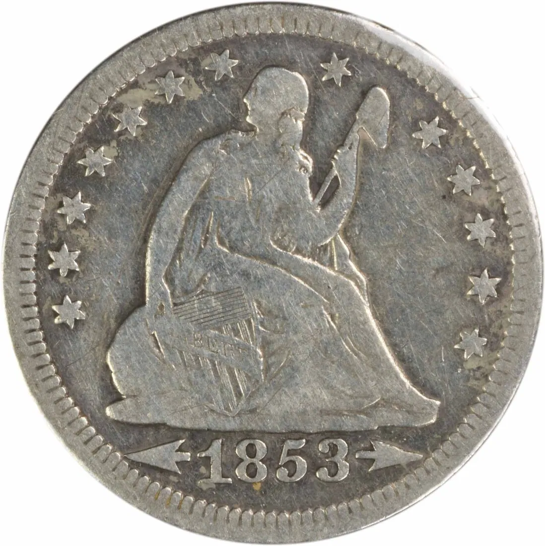 1853 Over 4 Seated Liberty Quarter 25C VG Philadelphia Uncertified Silver Coin