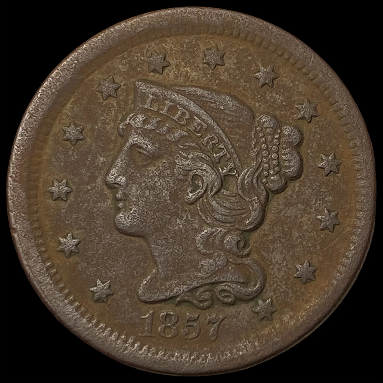 1857 Braided Hair Large Cent NEARLY UNCIRCULATED