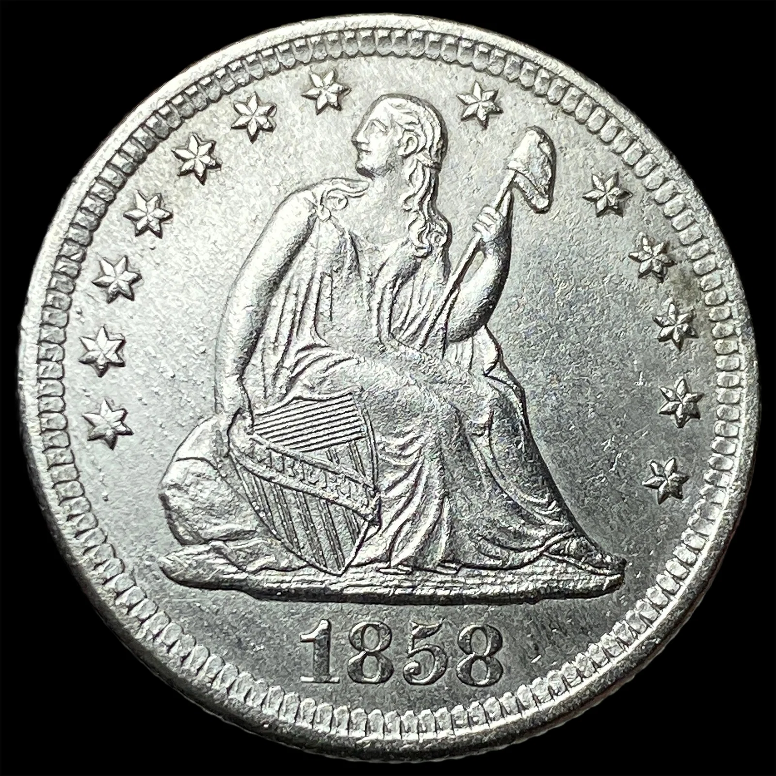 1858-O Silver Seated Liberty Quarter CHOICE AU
