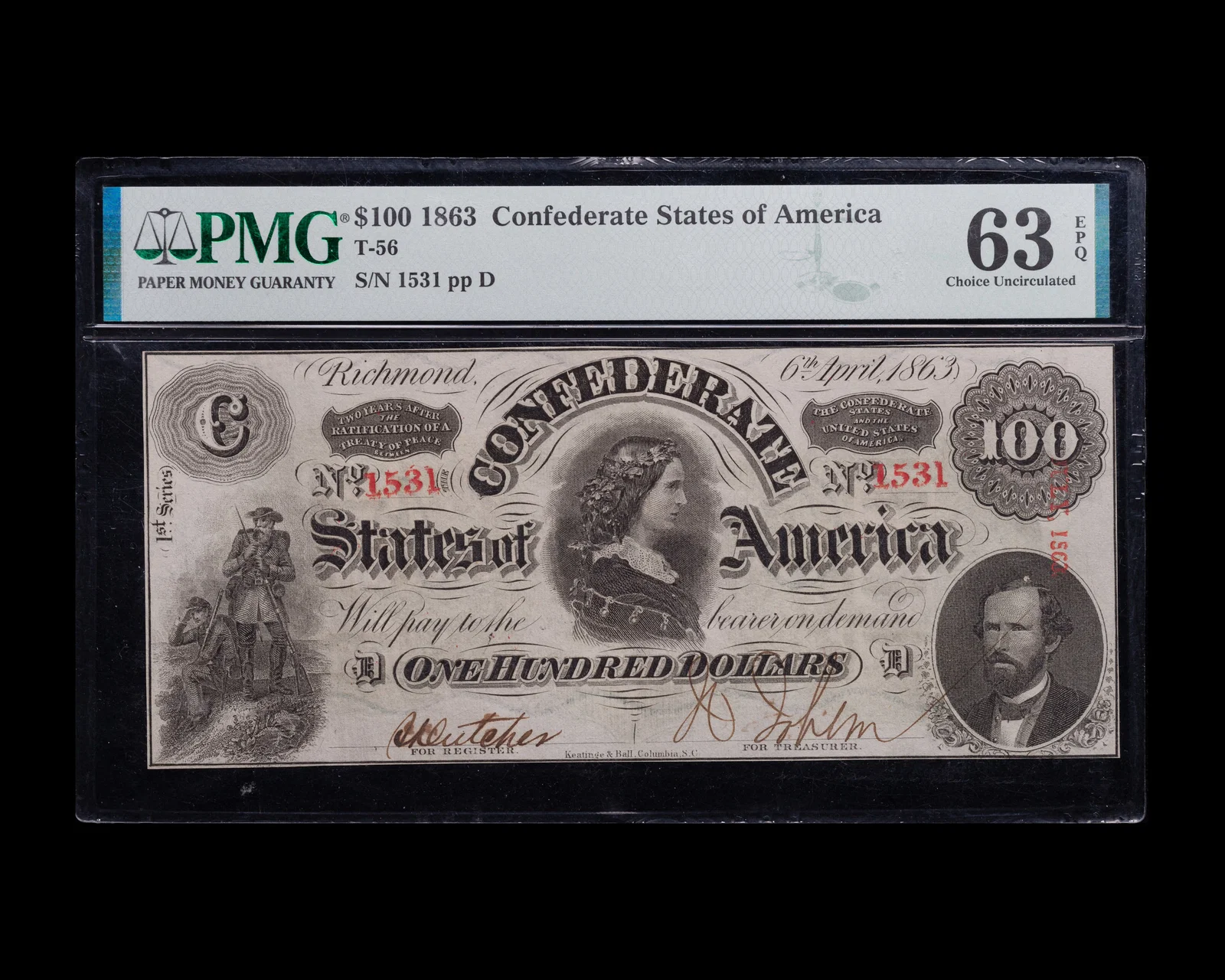 1863 $100 Confederate States of America CU-63 PMG