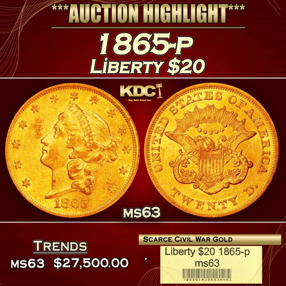 1865-p Gold Liberty Double Eagle $20 ms63 USCG
