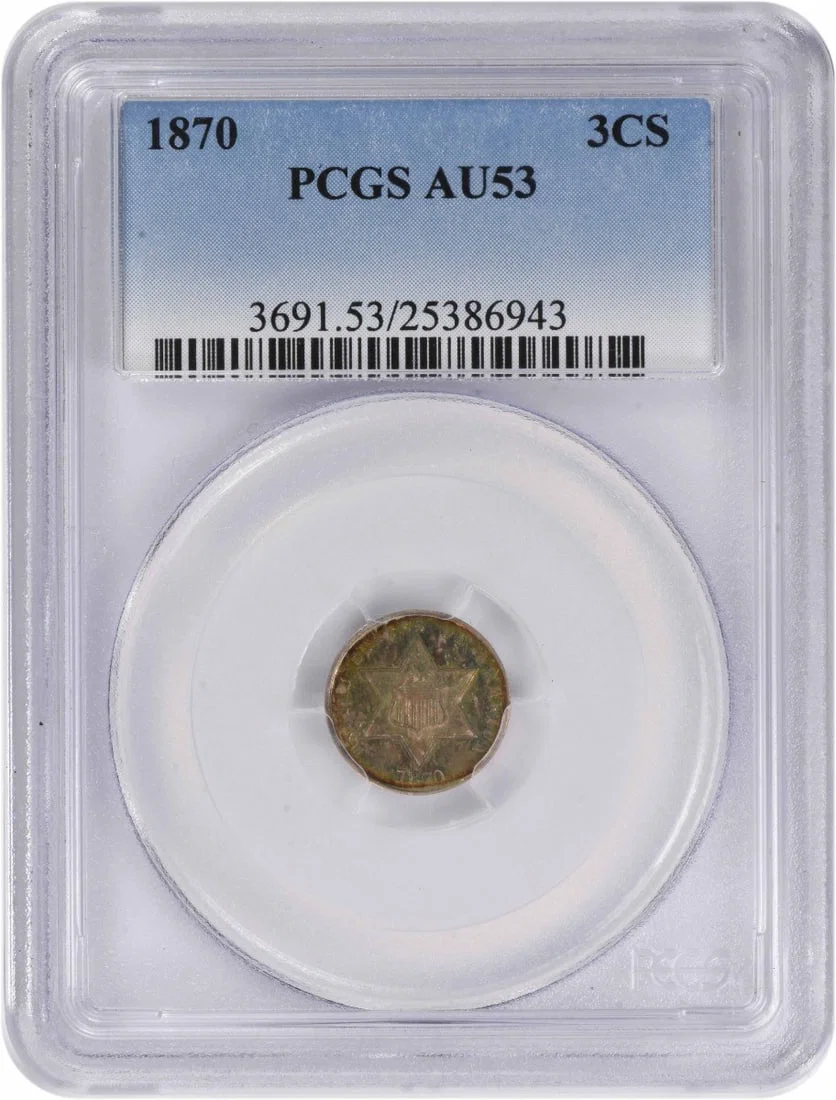 1870 United States Three Cent Silver Coin PCGS AU53 Certified