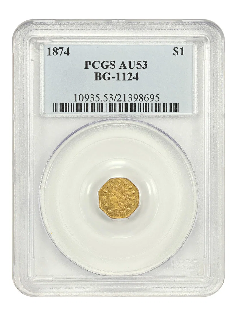 1874 $1 California Fractional Gold Coin PCGS AU53 BG-1124