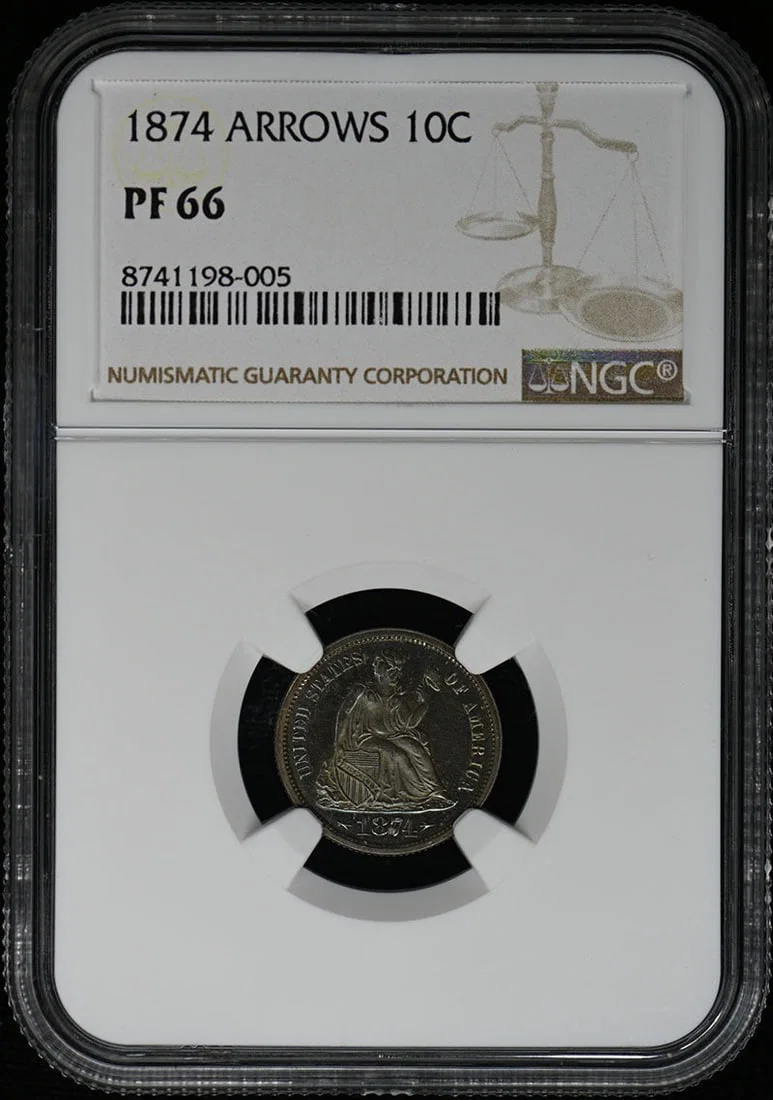 1874 Arrows Liberty Seated Dime NGC PR66 Uncirculated