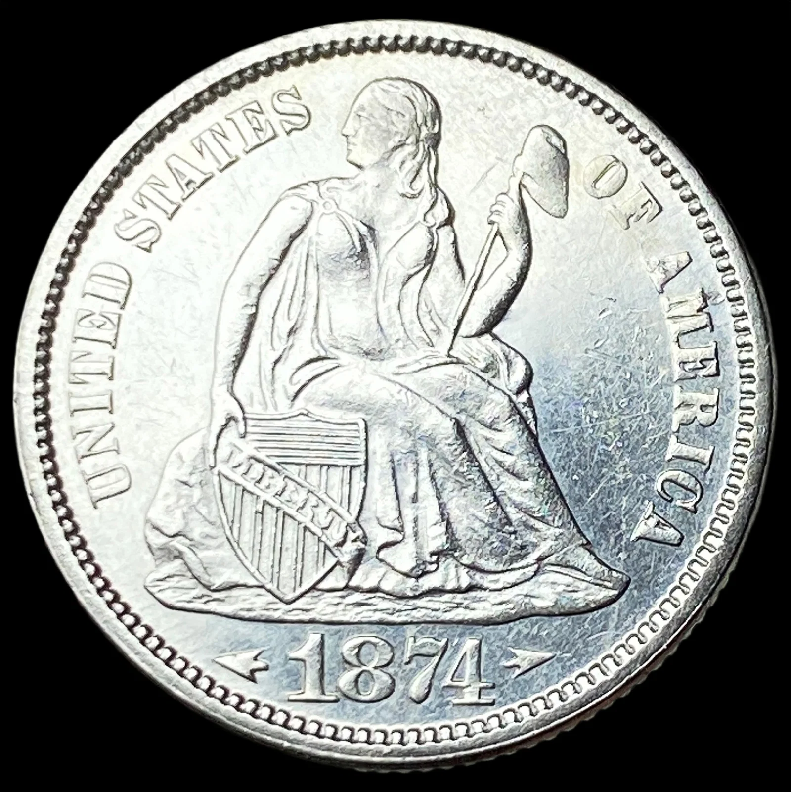 1874 Arrows Silver Seated Liberty Dime UNCIRCULATED