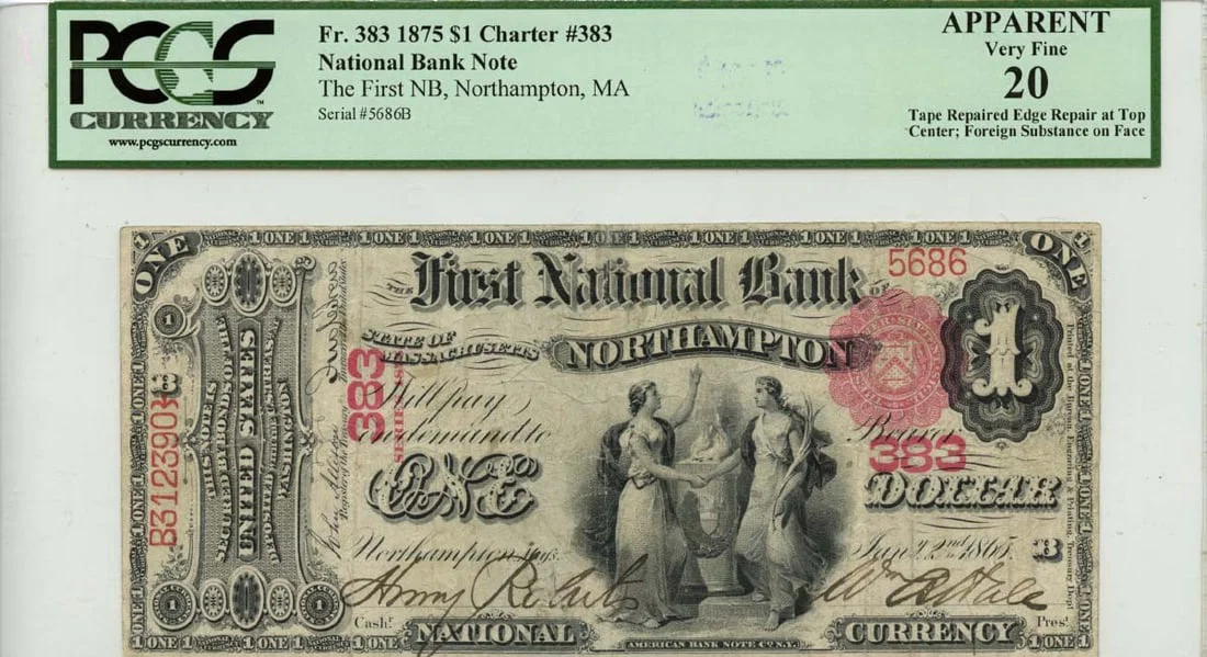 1875 $1 First National Bank Northampton MA PCGS VF20 Currency Note