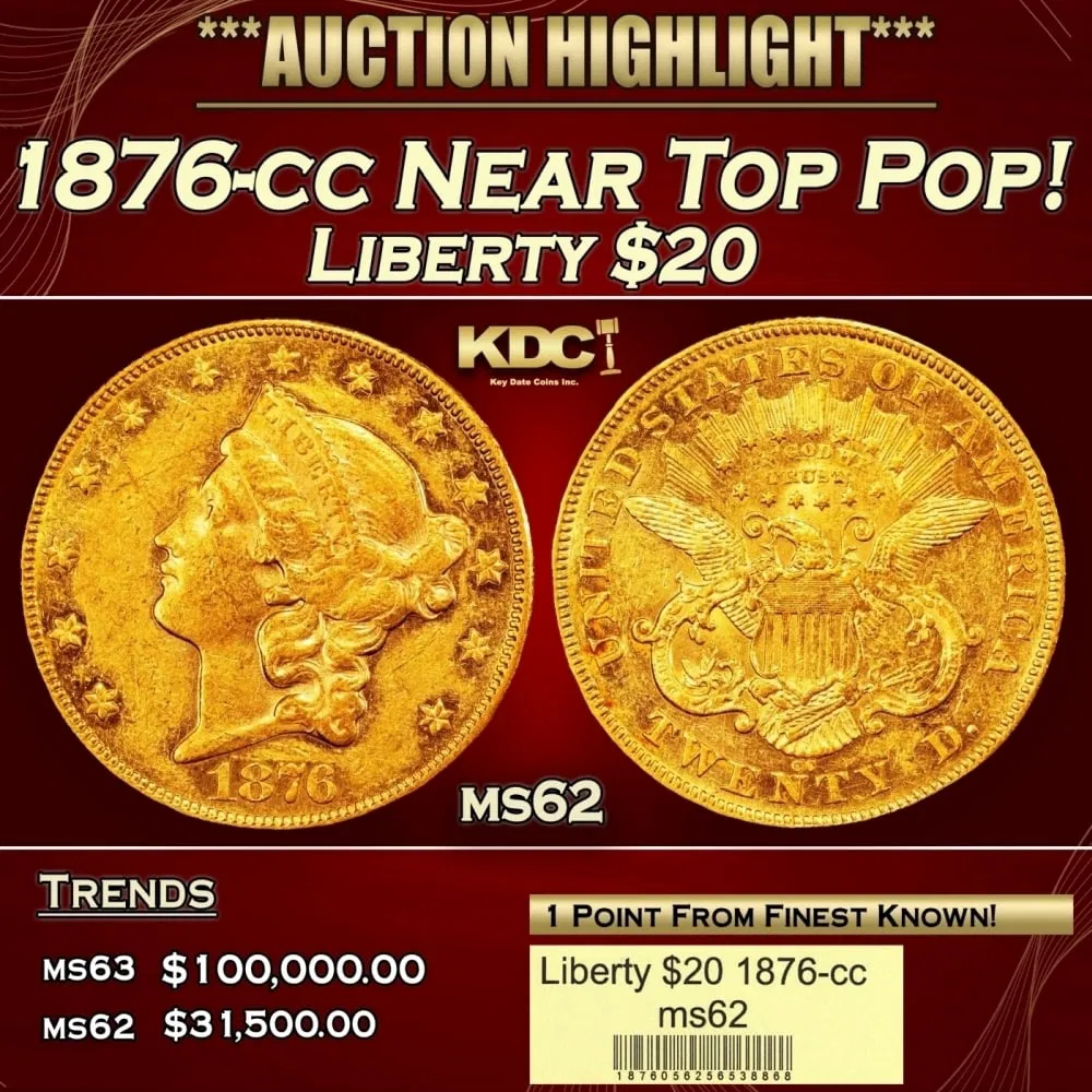 1876-cc Gold Liberty Double Eagle Near Top Pop! $20 ms62 USCG