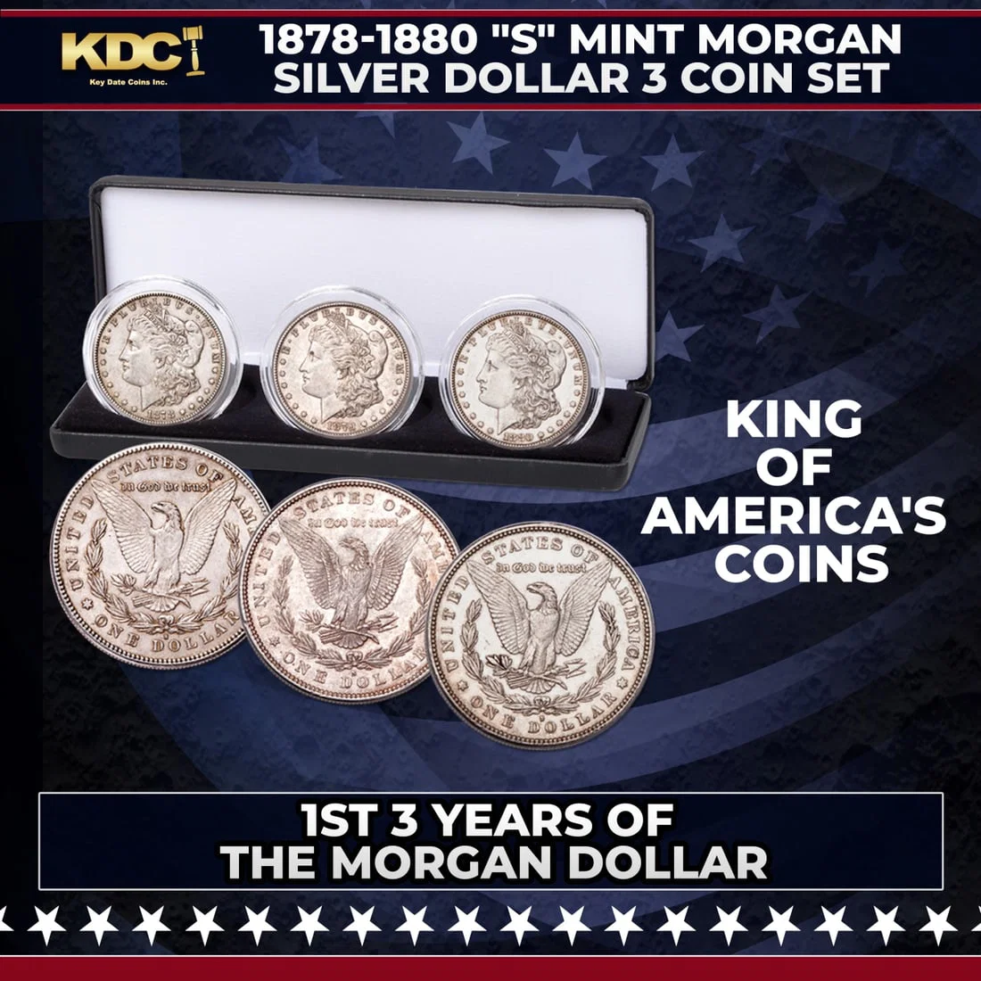 1878-1880 "S" Mint Morgan Silver Dollar 3 Coin Set With Case. 1st 3 Years Of The Morgan Dollar