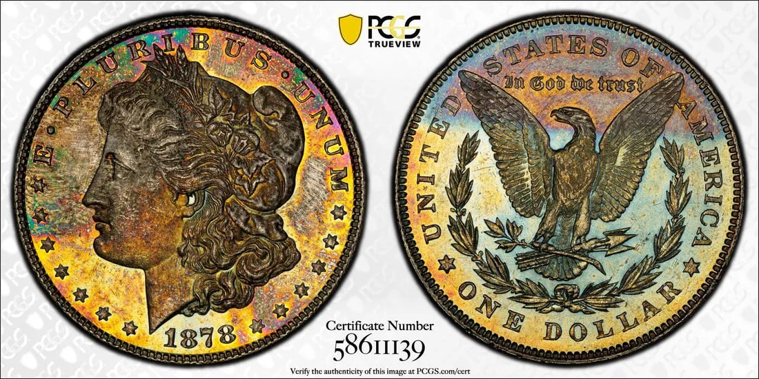 1878 Morgan Silver Dollar MS64 CAC Rainbow Toned PCGS Certified