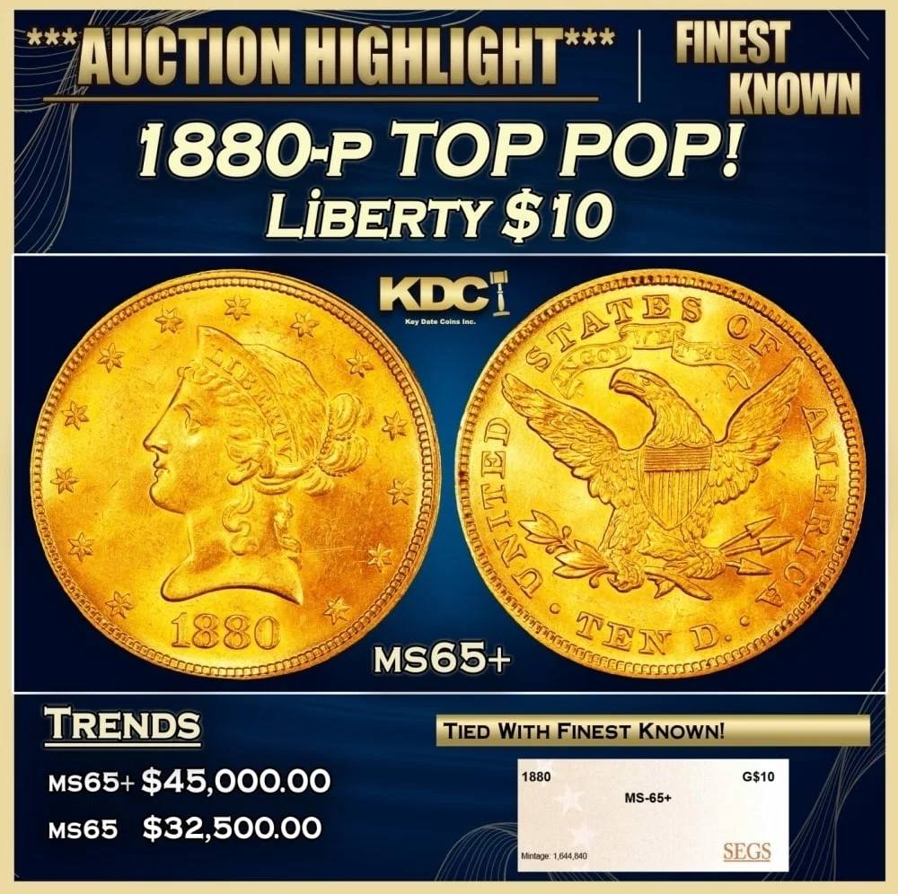 1880-p Gold Liberty Eagle TOP POP! $10 ms65+ SEGS