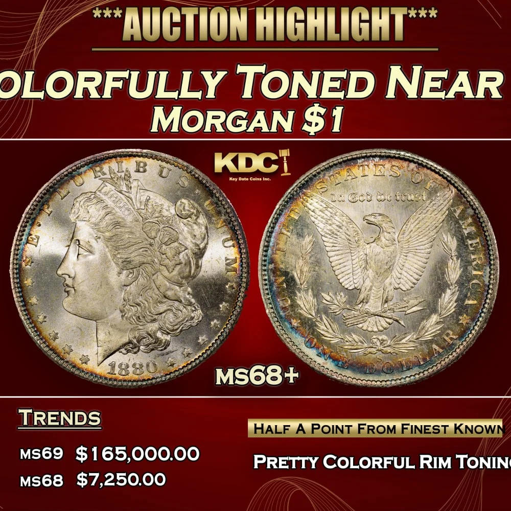1880-s Morgan Dollar Colorfully Toned Near Top Pop $1 ms68+ SEGS