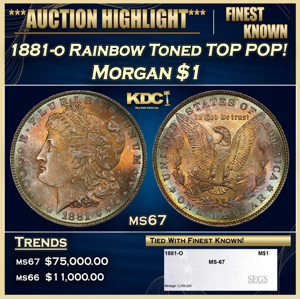1881-o Morgan Dollar Rainbow Toned TOP POP! $1 ms67 SEGS