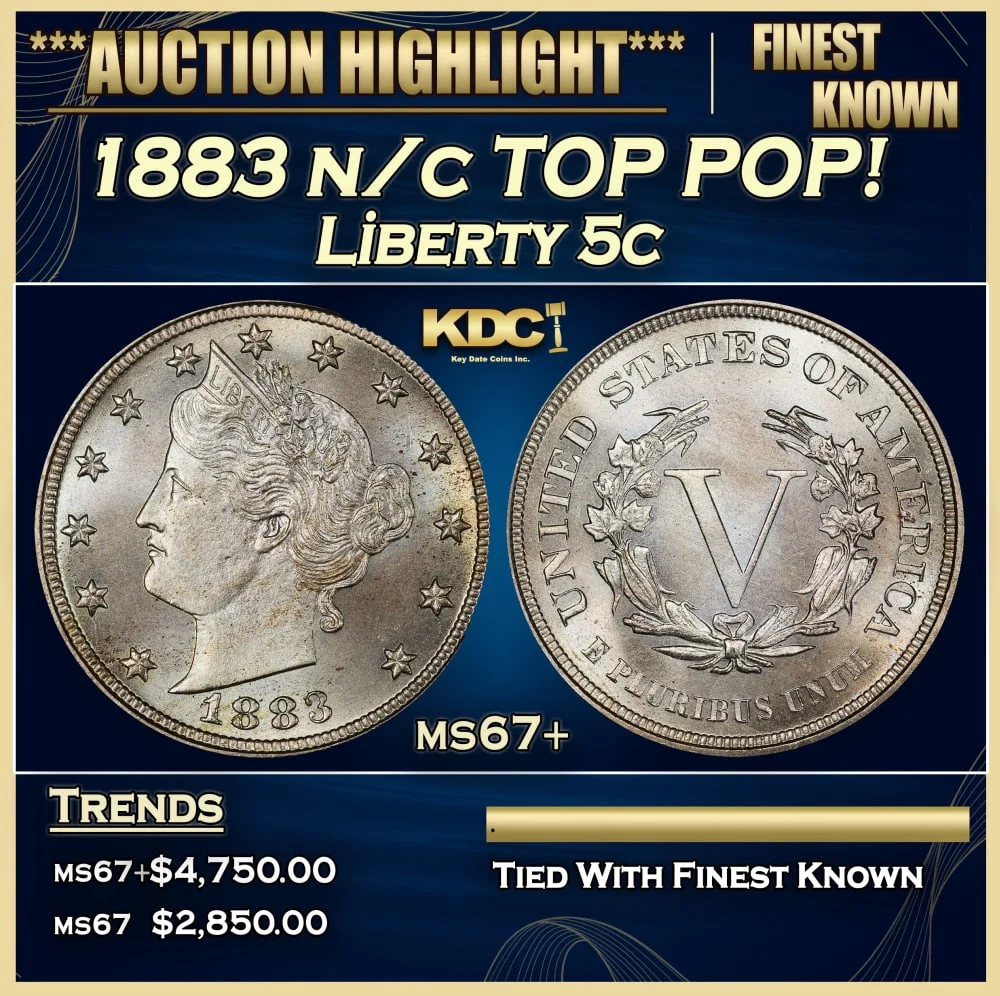 1883 n/c Liberty Nickel TOP POP! 5c ms67+ SEGS