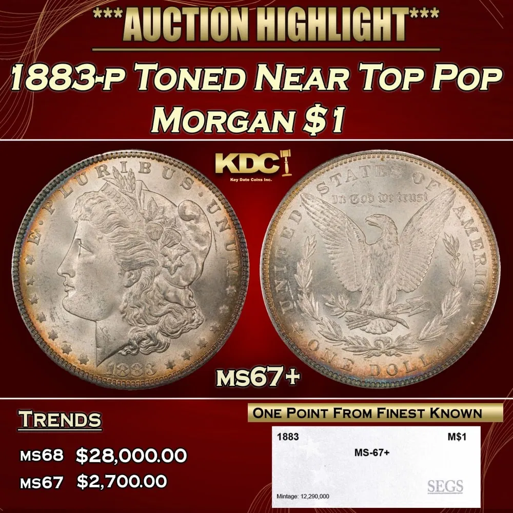1883-p Morgan Dollar Toned Near Top Pop $1 ms67+ SEGS
