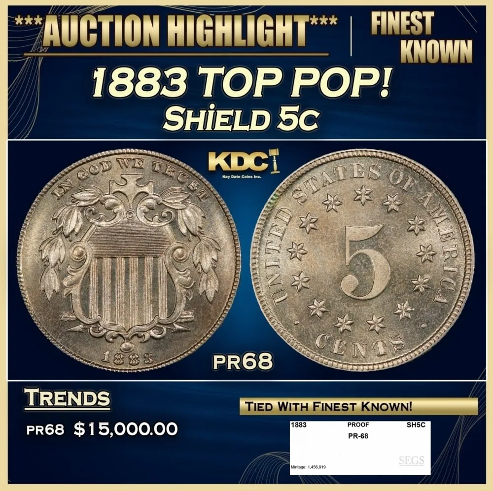 1883 Proof Shield Nickel TOP POP! 5c pr68 SEGS