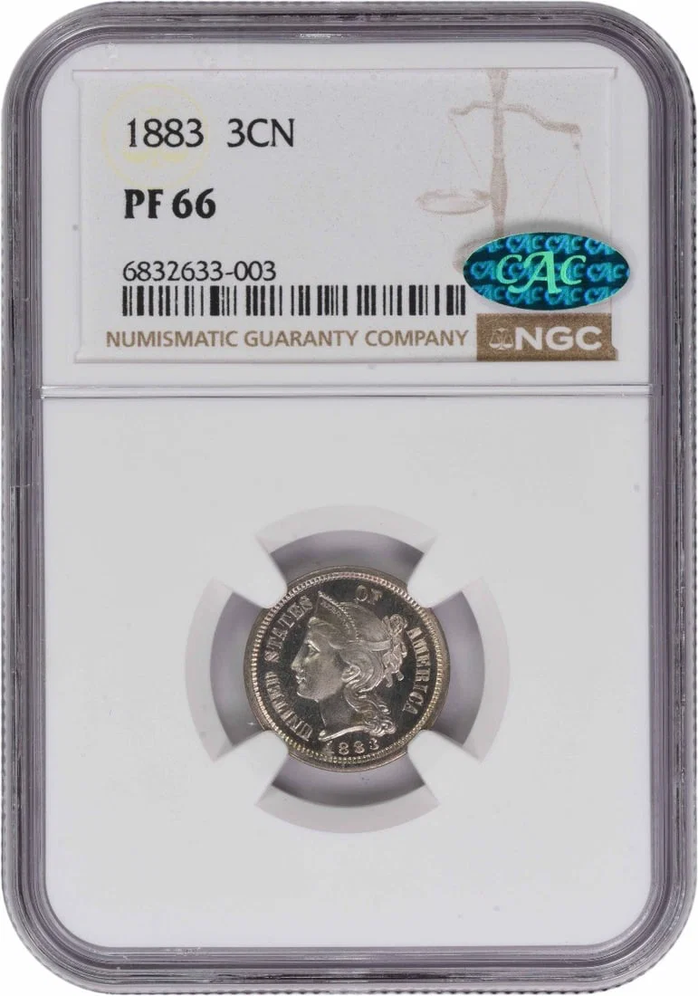 1883 Proof Three Cent Nickel Coin NGC PR66 CAC Certified