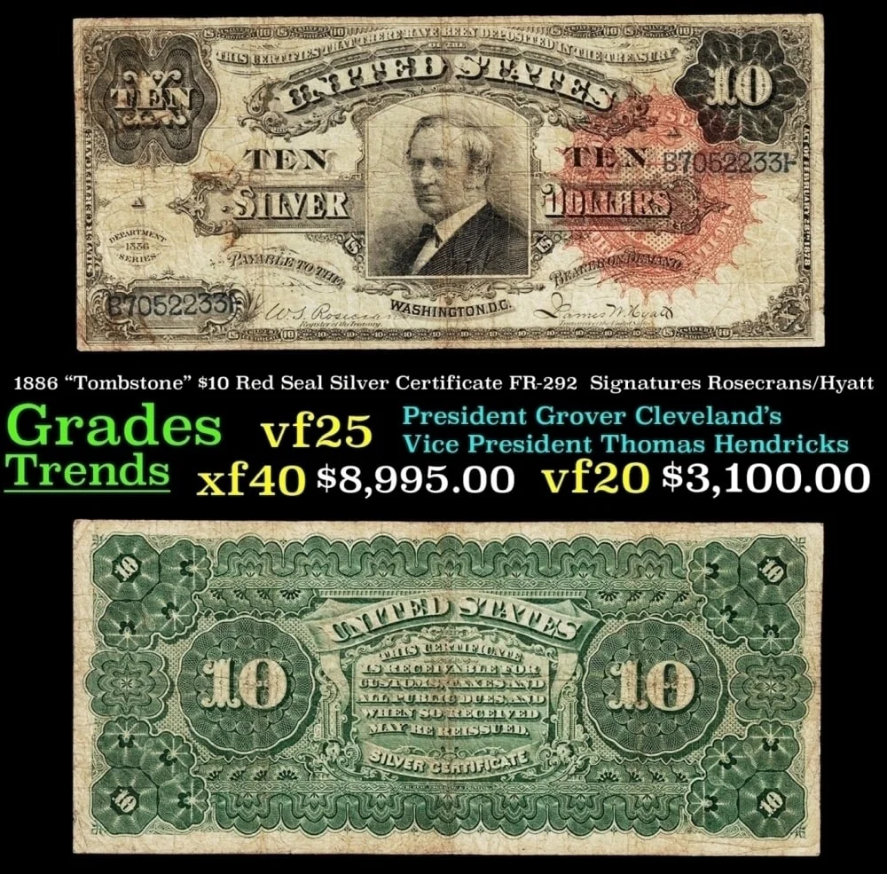 1886 Rosecrans/Hyatt $10 Red Seal Silver Certificate Grades vf+