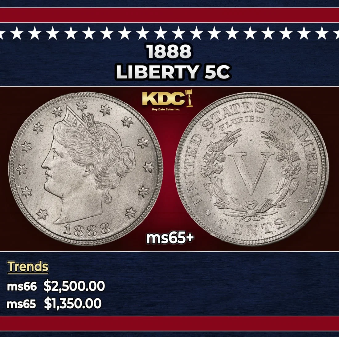1888 Liberty Nickel 5c ms65+ SEGS