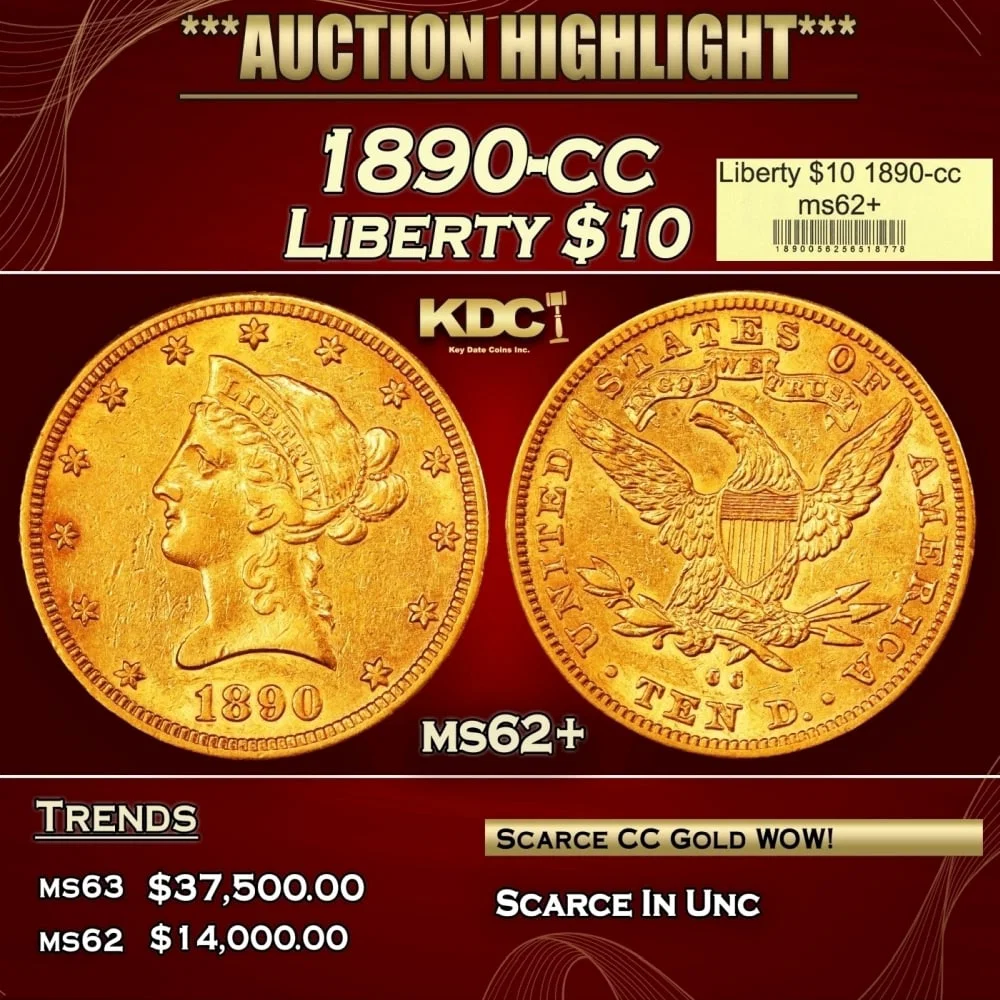 1890-cc Gold Liberty Eagle $10 ms62+ USCG