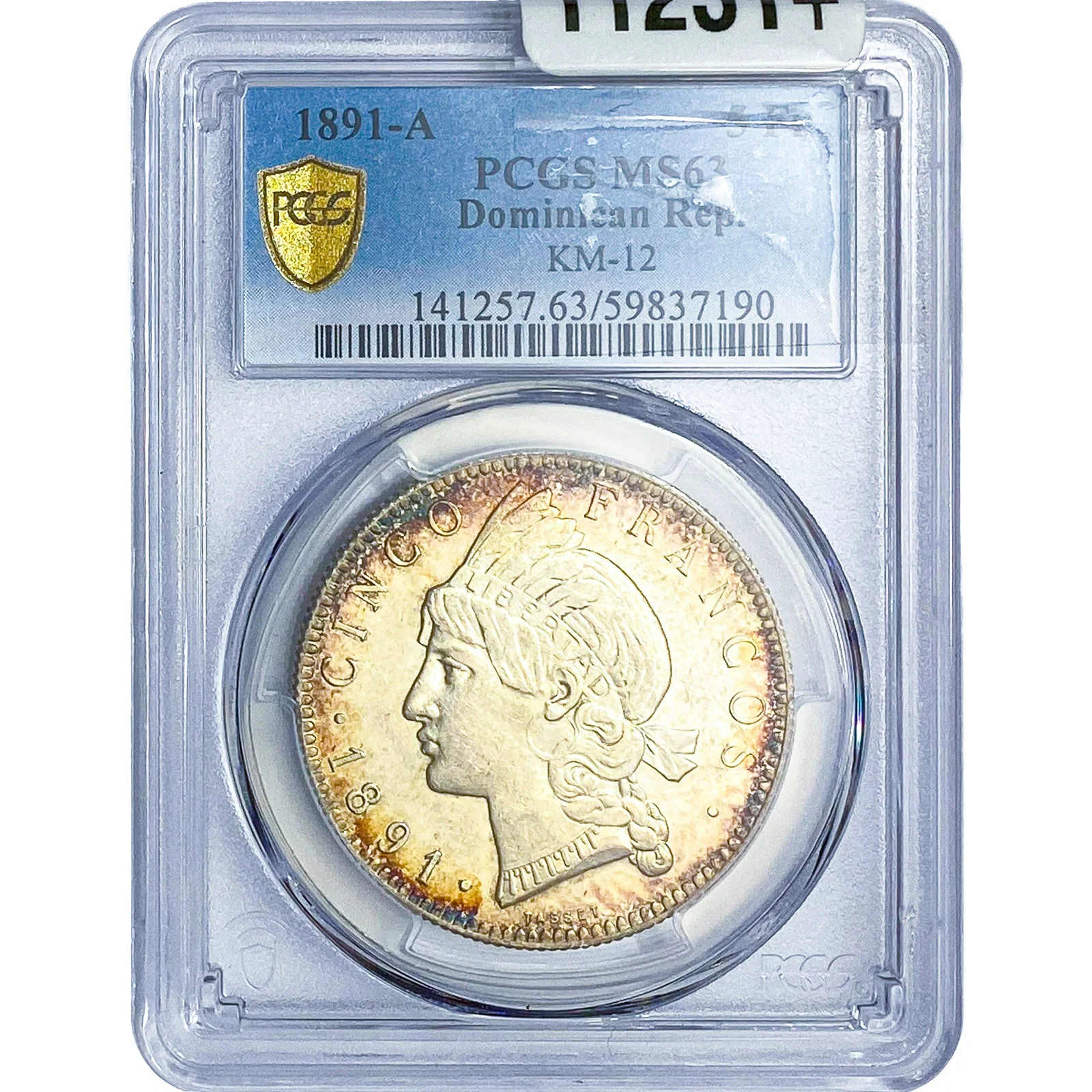 1891-A Dominican Republic Silver 5 Francos KM-12 MS63