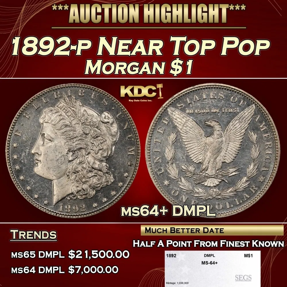 1892-p Morgan Dollar Near Top Pop $1 ms64+ DMPL SEGS