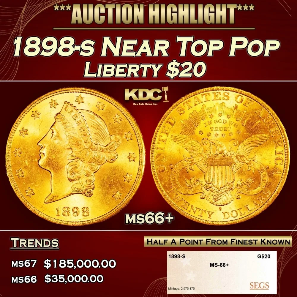 1898-s Gold Liberty Double Eagle Near Top Pop $20 ms66+ SEGS