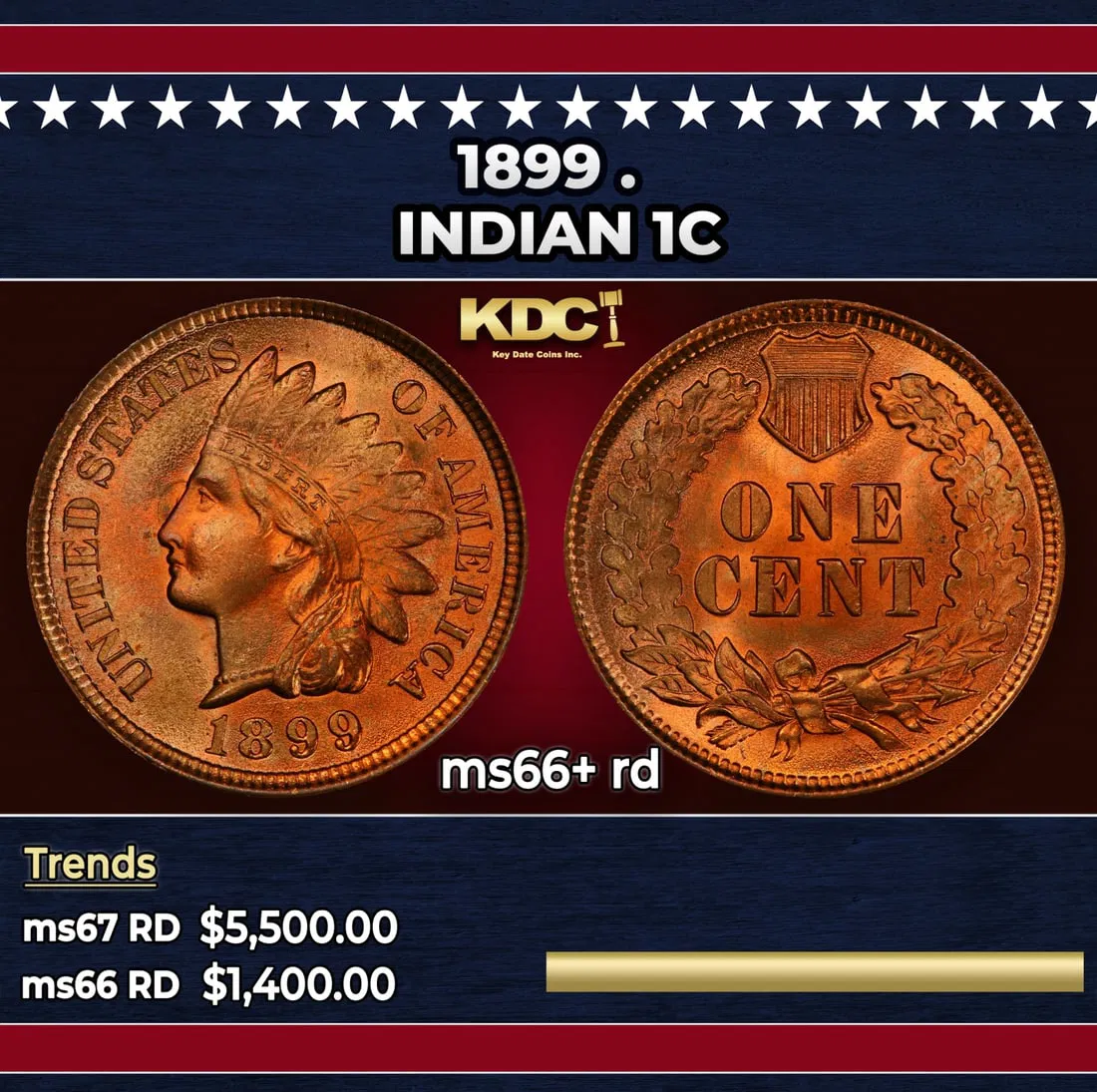 1899 Indian Cent . 1c ms66+ rd SEGS