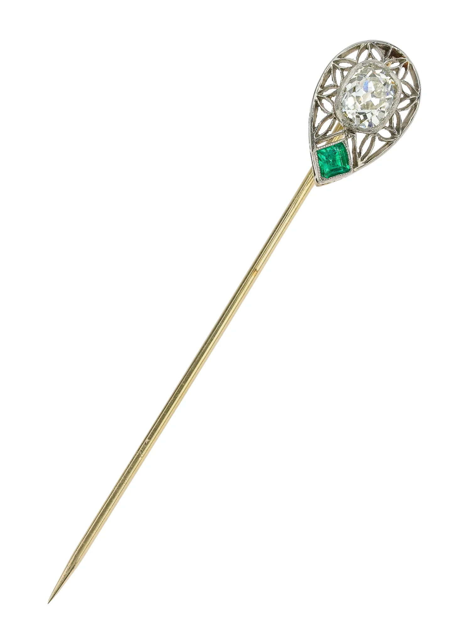18k Art Deco 1.25 CT Diamond & Emerald Stick Pin