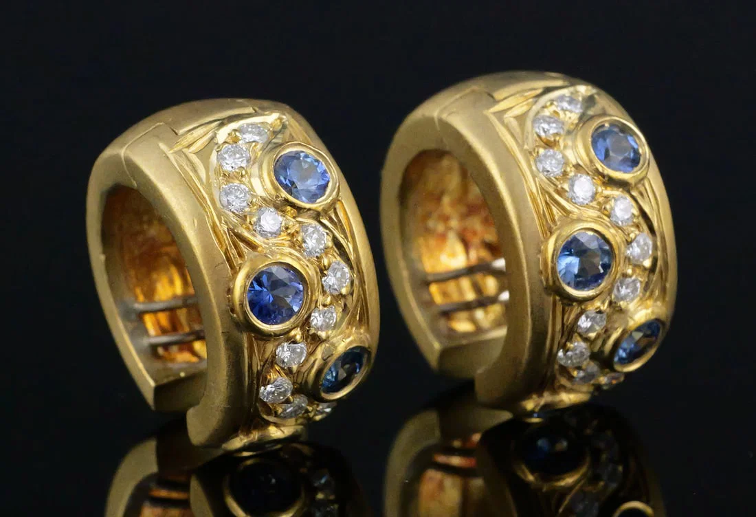 18K Diamond Sapphire Huggie Earrings