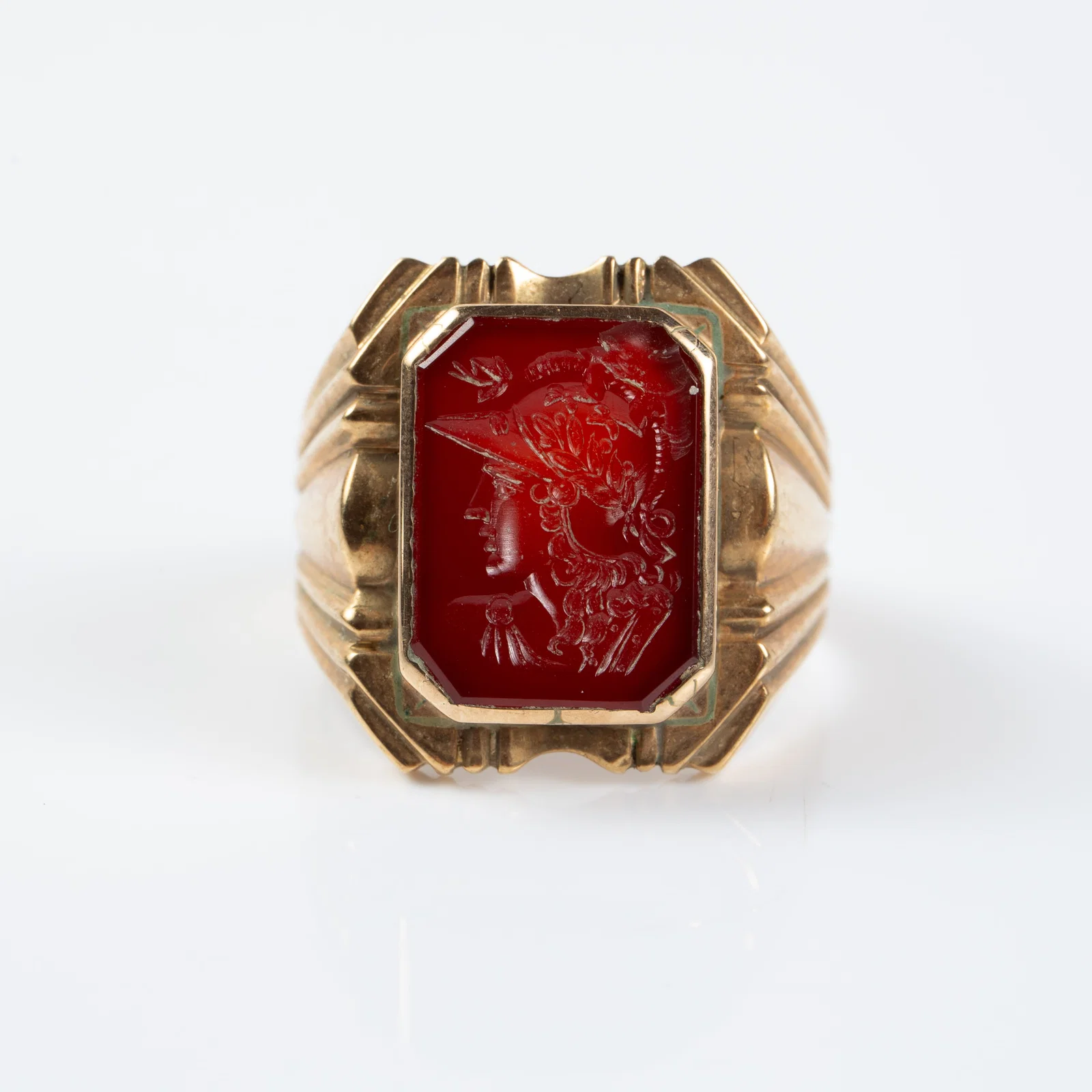 18K Gold Carnelian Intaglio Ring w/ Roman Soldier.