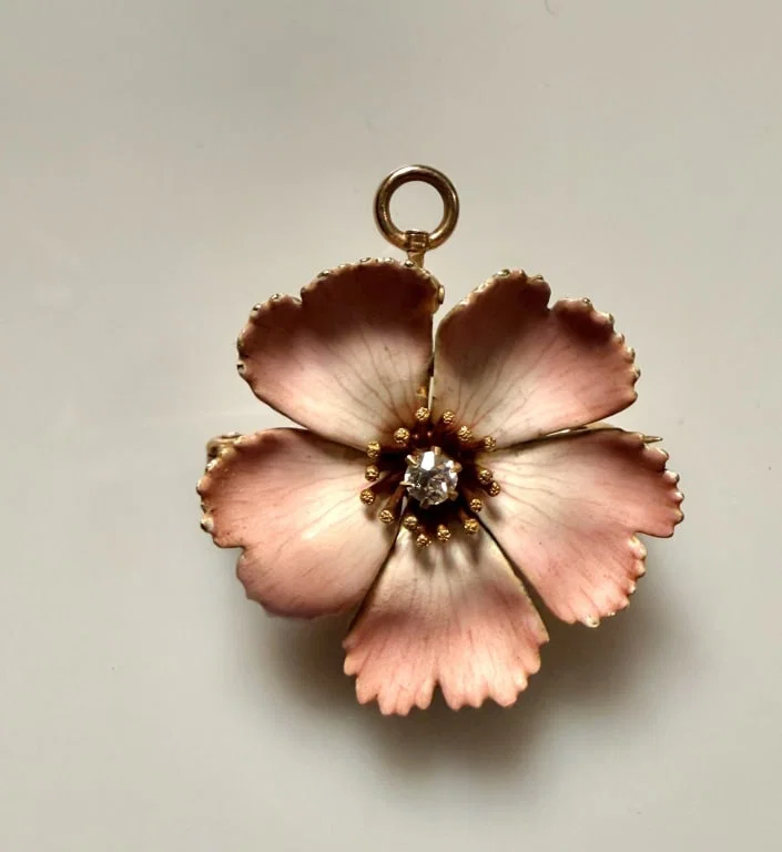 18K Gold, Diamond,Enamel Flower Form Brooch Pin