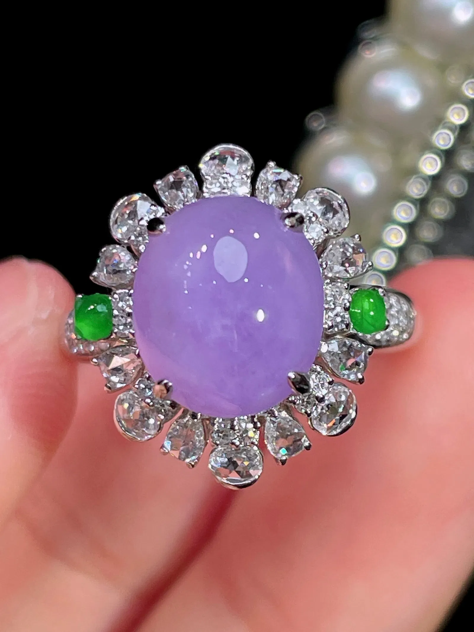 18K gold diamond natural violet jadeite ring