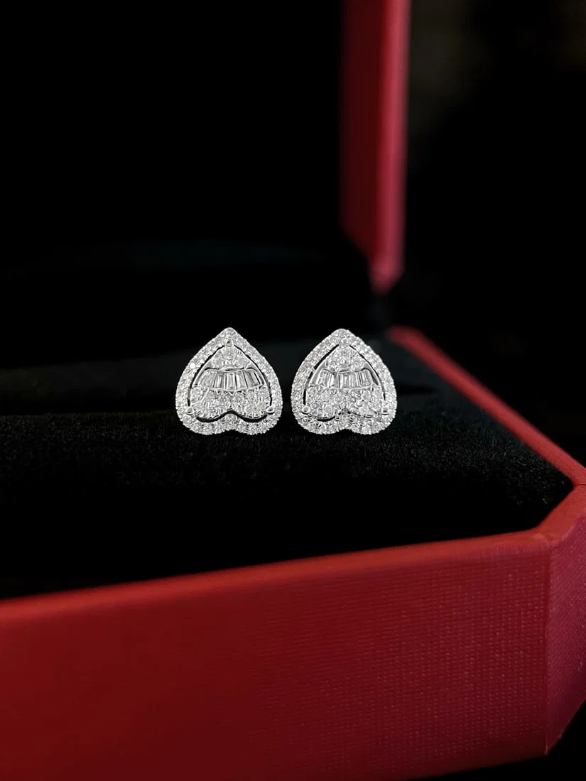 18K Gold Full Diamond Heart Stud Earrings