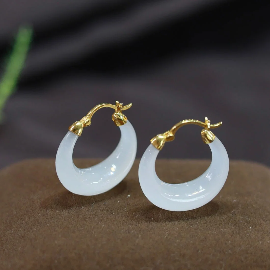 18K Gold Hetian White Jade Earrings