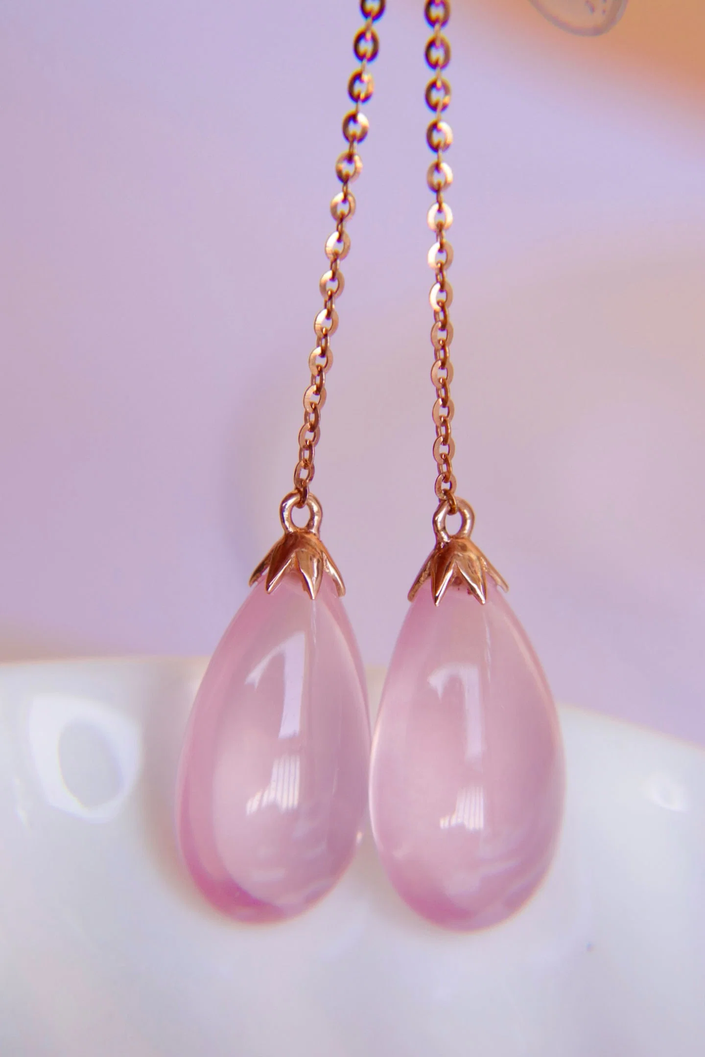 18K Gold Inlaid Rose Quartz Earrings
