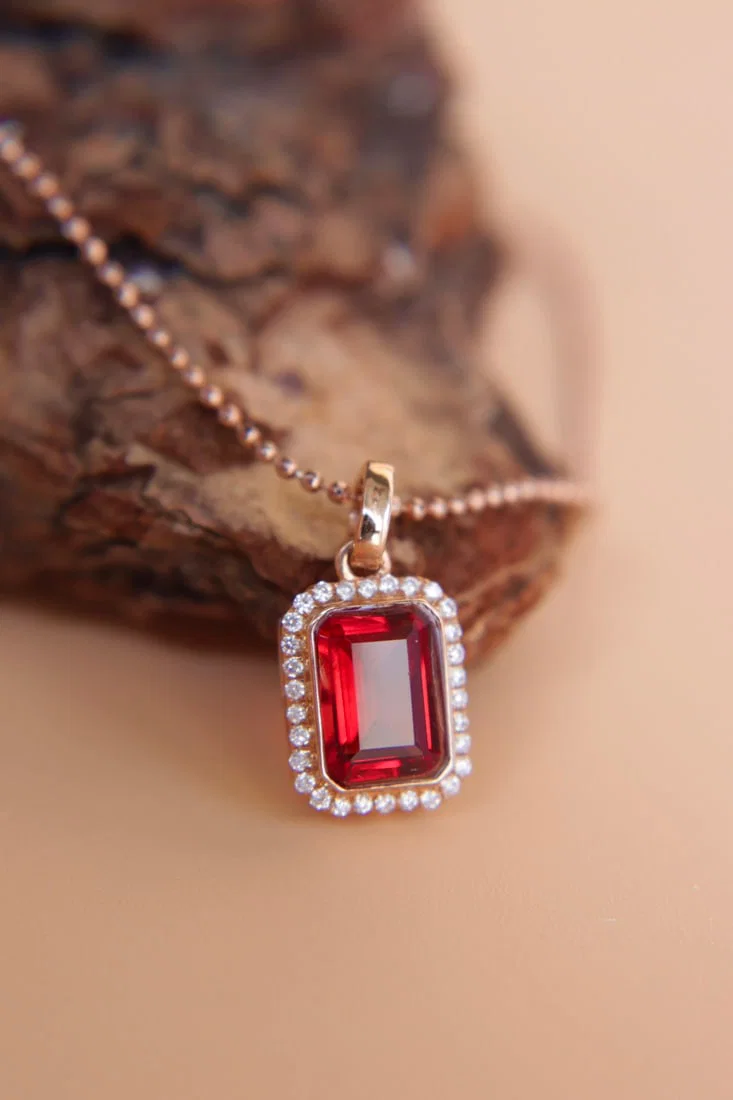 18K Gold Inlaid Ruby Color Sunstone Pendant
