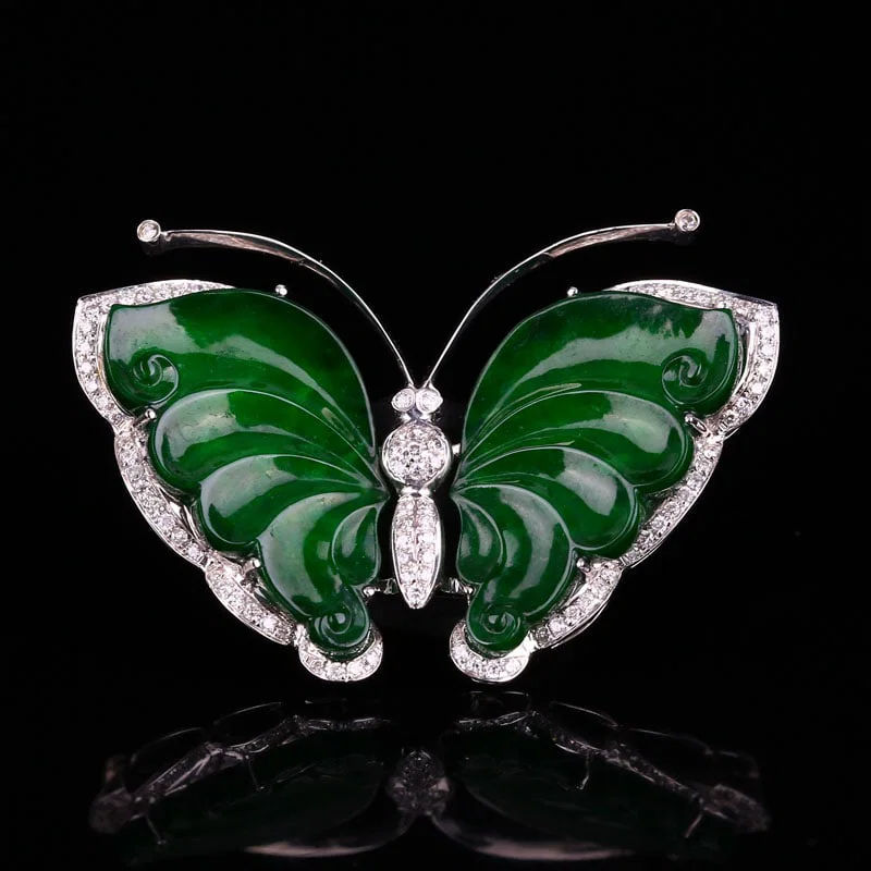 18K Gold Inlay Green Jadeite Pendant Butterfly