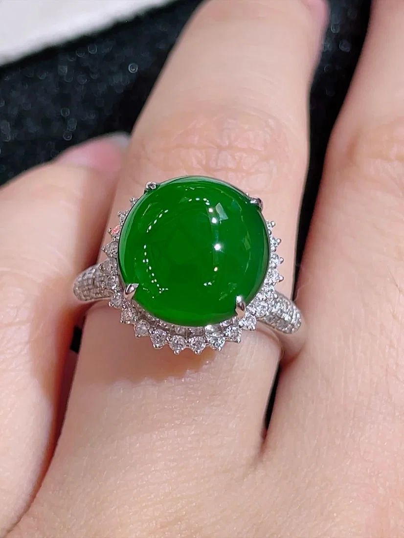 18K Gold Natural Icy Green Jadeite Ring