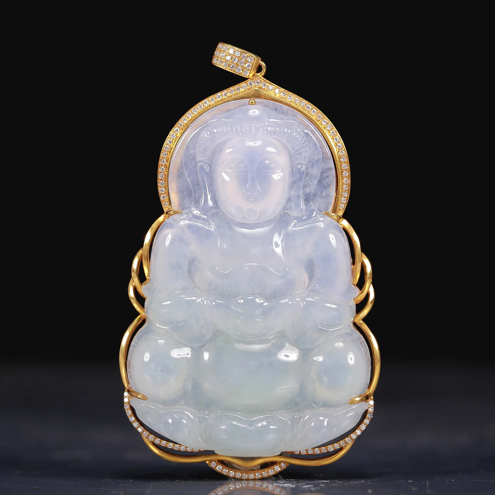 18K Gold Natural Jadeite Sakyamuni Pendant, with Natural Diamond