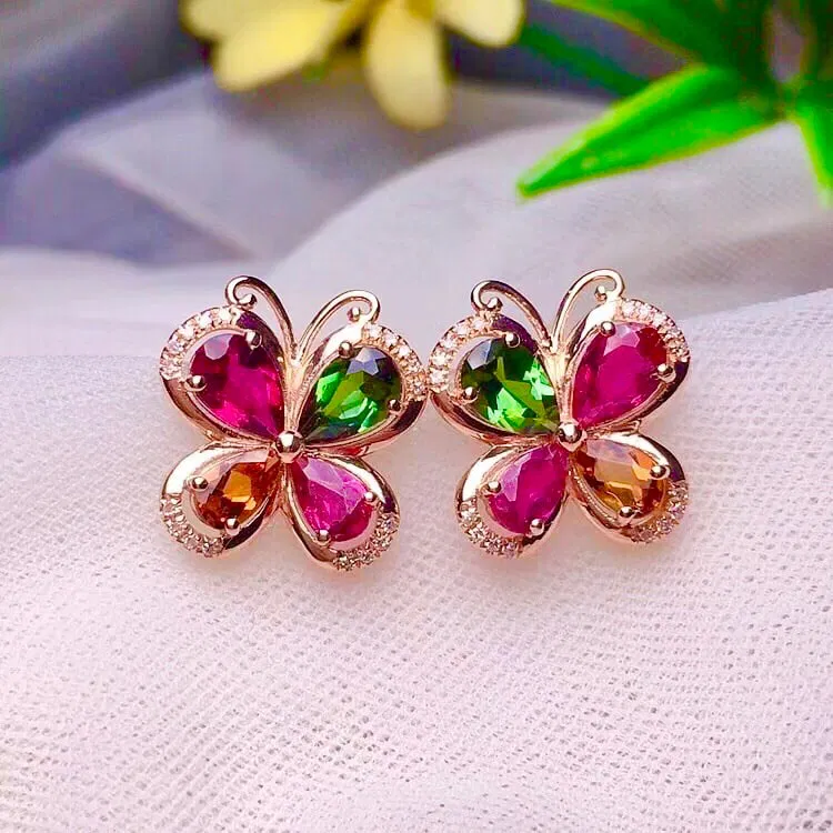18k Gold Natural Tourmaline Clover Earrings