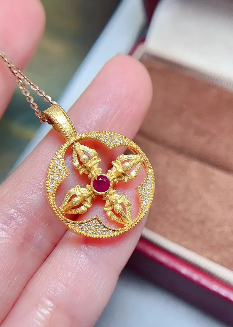 18K Gold Ruby Emerald Pendant
