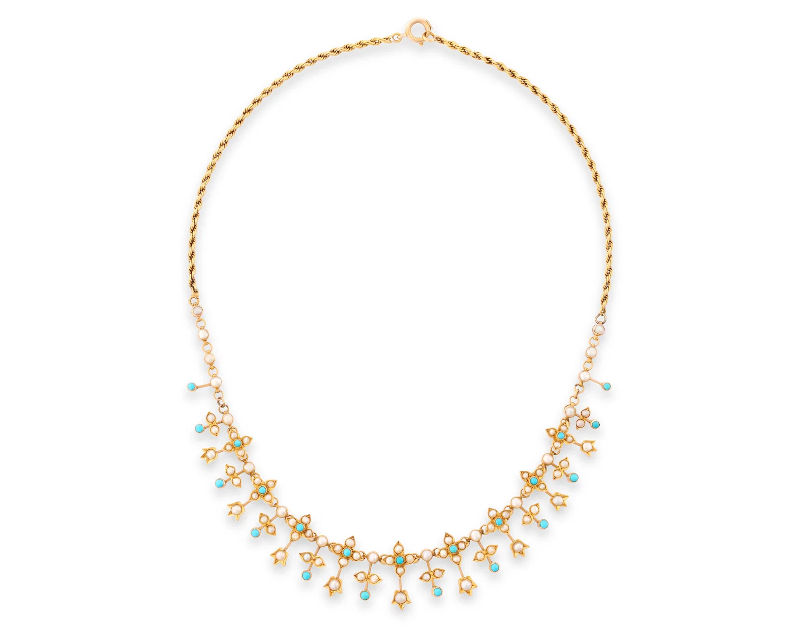 18K Gold, Turquoise, and Seed Pearl Necklace