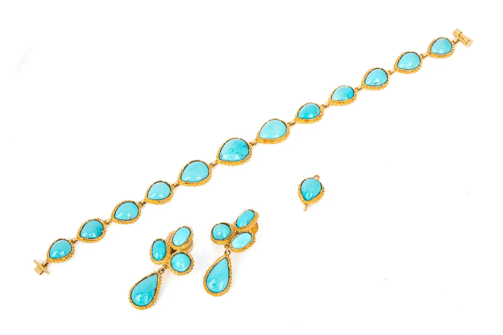 18K GOLD & TURQUOISE BRACELET & EARRING SET 25.5g