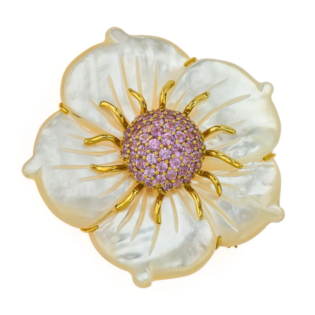 18k Mother of Pearl & Pink Sapphire Flower Brooch