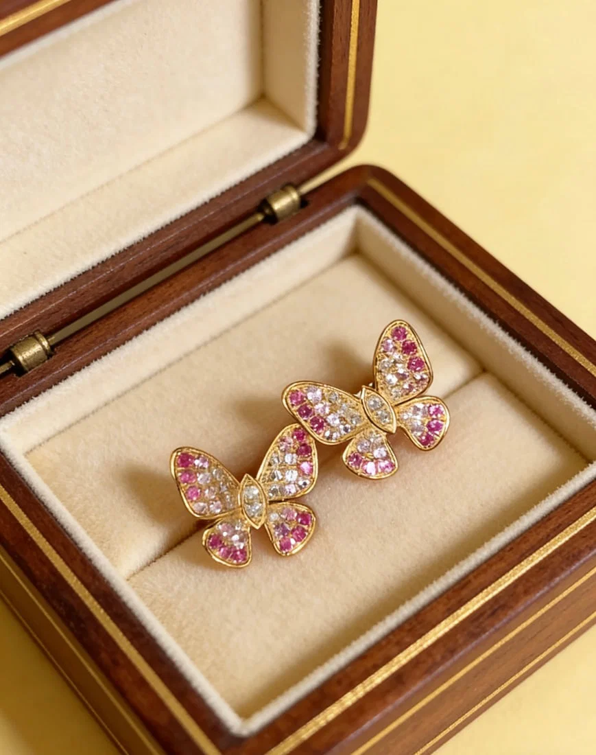 18k Natural Diamond Gradient Pink-Blue Sapphire Butterfly Earrings