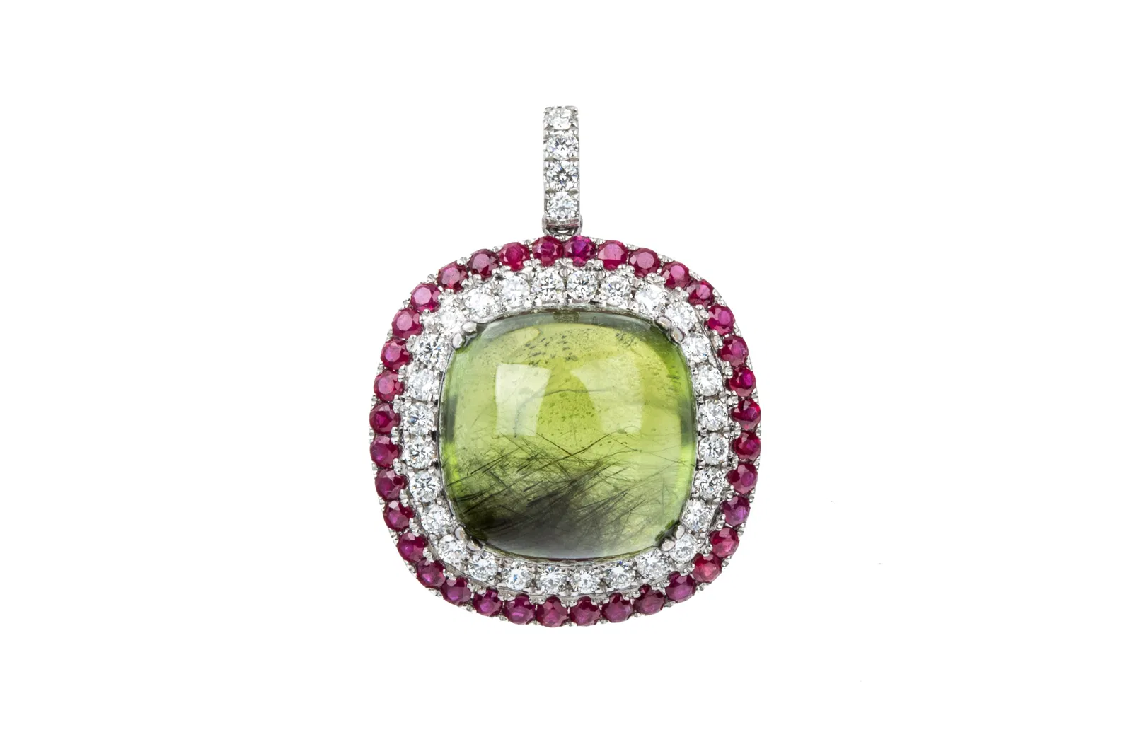 18K PERIDOT, RUBY, & DIAMOND PENDANT 13.1g