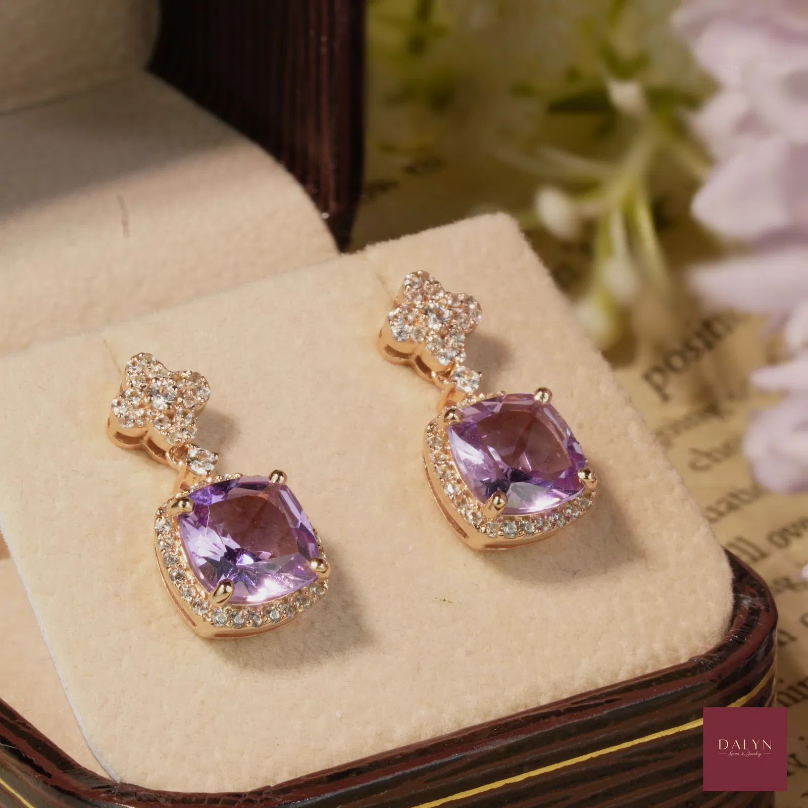 18K Rose Gold Plate Sterling Silver Natural Pink Amethyst and White Zircon Dangle Earrings