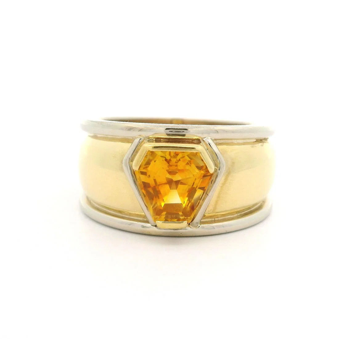 18k Two Tone Gold GIA Certified Shield Step Cut Yellow Sapphire Cigar Band Ring