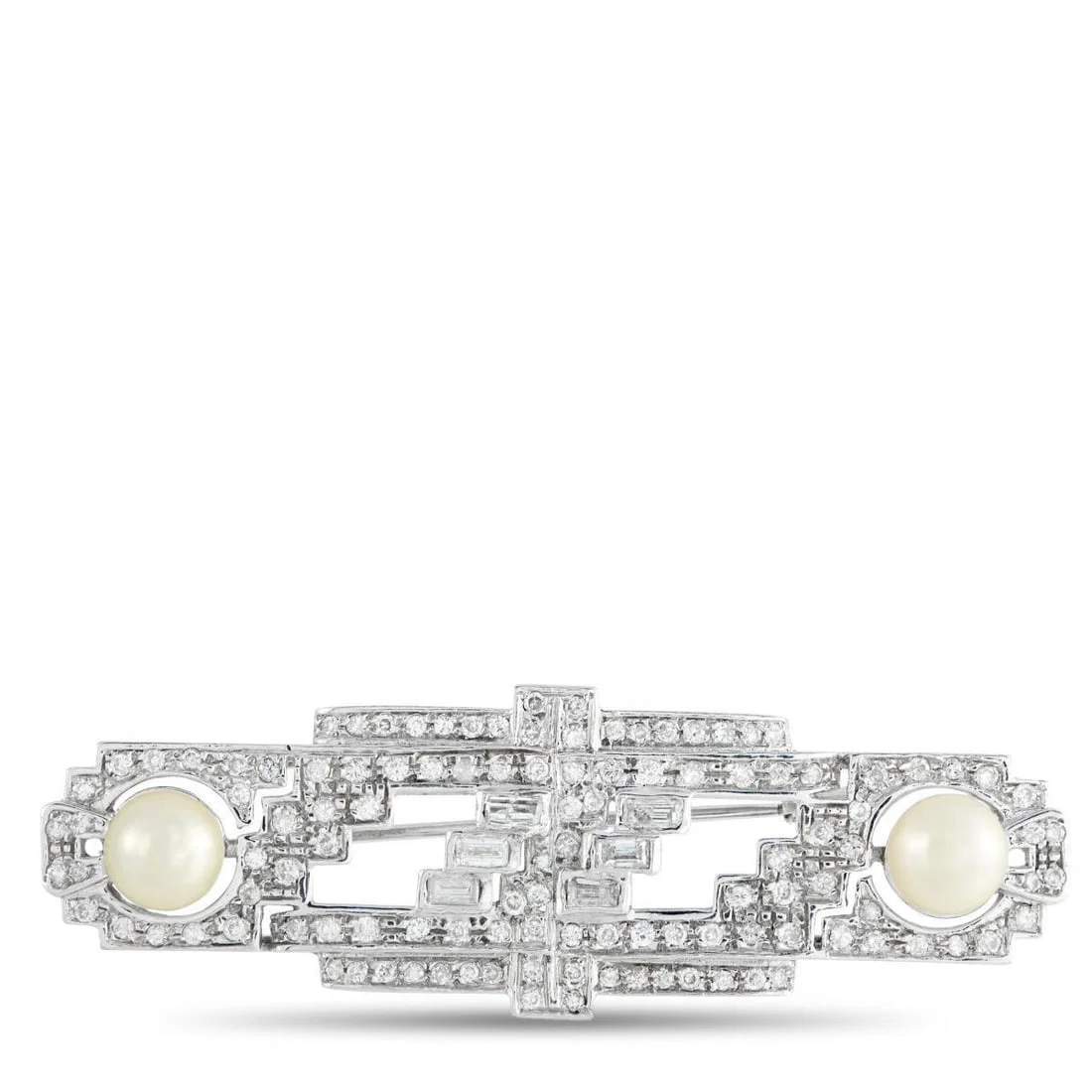 18K WHITE GOLD 2.45CT DIAMOND AND PEARL ART DECO BROOCH